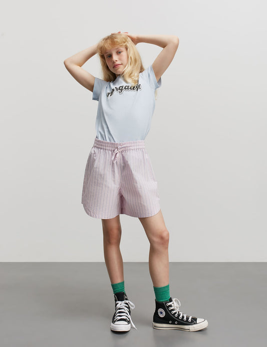 Crisp Poplin Pio Shorts, Pinstripe/Parfait Pink