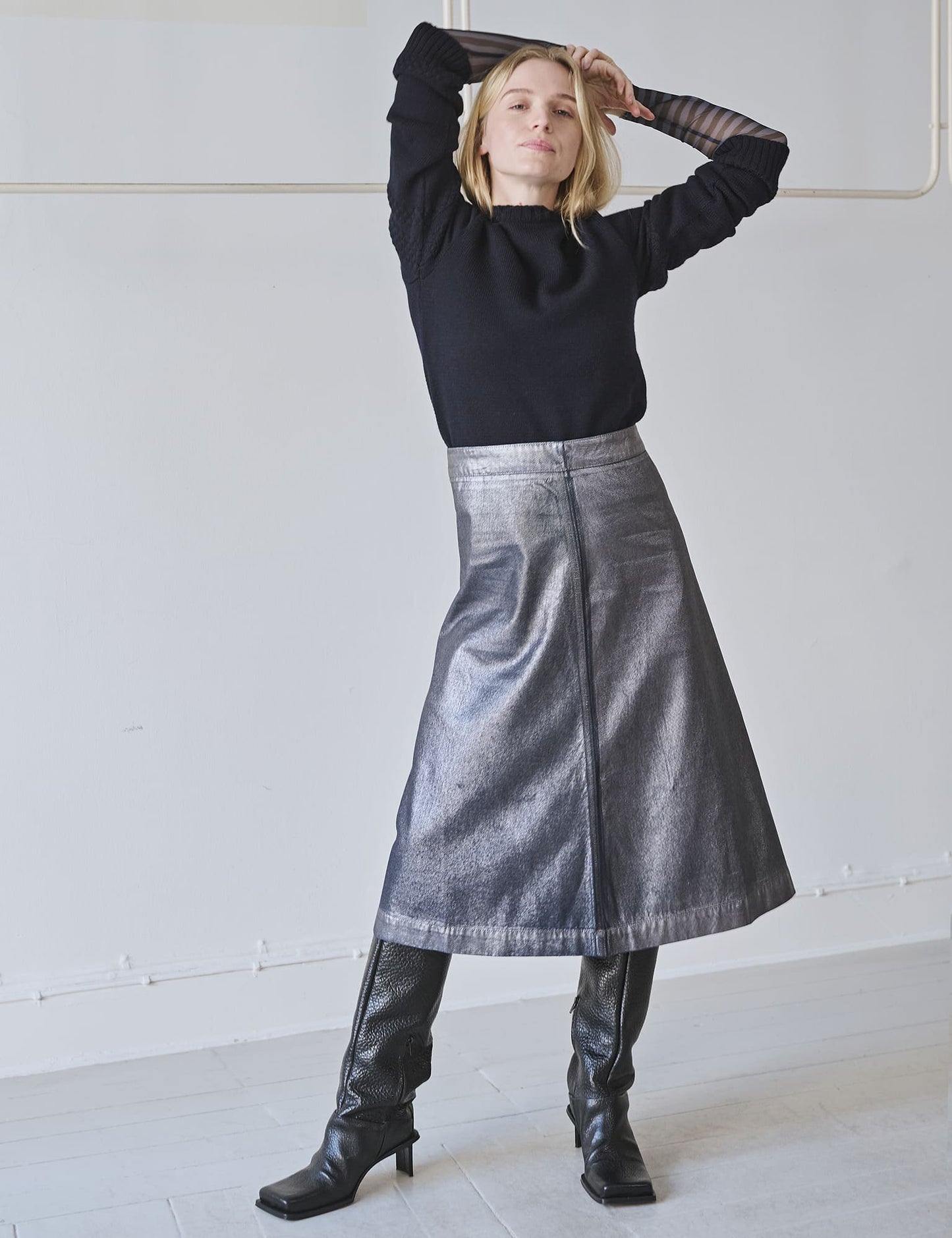 Metallic Denim Stellar Skirt, Vintage Blue/Gun Metal